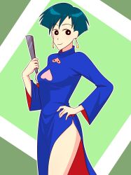  1girl blue_dress blue_hair breasts closed_mouth crayon_shin-chan dress earrings green_background hand_fan highres holding holding_fan jewelry looking_at_viewer lulu_lu_lulu red_ribbon ribbon short_hair smile solo standing thighs tsubasa_(godbardtsubasa) wide_sleeves 