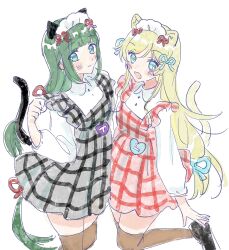  2girls :d animal_ears aqua_eyes aqua_ribbon arm_at_side assault_lily black_shoes blonde_hair blush brown_thighhighs cat_ears cat_girl cat_tail closed_mouth commentary_request cowboy_shot dress green_hair grey_dress hair_ribbon hasebe_touka highres kemonomimi_mode leg_up long_hair long_sleeves looking_at_viewer low-tied_long_hair luise_ingels maid_headdress multiple_girls open_mouth paw_pose pinafore_dress plaid_clothes plaid_dress red_dress red_ribbon ribbon shakeza shirt shoes single_paw_pose sleeveless sleeveless_dress smile standing standing_on_one_leg tail thigh-highs very_long_hair waitress white_shirt 