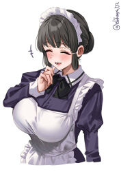  1girl apron artist_name blunt_bangs blush breasts closed_eyes commentary_request dress ebifurya frilled_apron frills grey_hair hair_bun hair_ornament hairclip hand_up highres juliet_sleeves kantai_collection large_breasts long_sleeves lower_teeth_only maid_apron maid_headdress medium_hair myoukou_(kancolle) one-hour_drawing_challenge open_mouth puffy_sleeves purple_dress sidelocks simple_background single_hair_bun smile solo teeth twitter_username upper_body white_apron white_background 