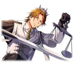  1boy black_gloves black_pants brown_eyes brown_hair chain crown facial_hair game_cg gloves goatee happy_elements helios_rising_heroes holding holding_sword holding_weapon jacket jay_kidman looking_at_viewer male_focus necktie non-web_source official_art pants parted_bangs shirt solo sword transparent_background upper_body weapon white_jacket white_shirt 