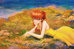  1girl blue_eyes dress hair_ornament hand_on_own_cheek hand_on_own_face highres long_hair looking_at_viewer lying neon_genesis_evangelion qing_han_geng_(sunwind9426) sleeveless sleeveless_dress solo souryuu_asuka_langley yellow_dress 