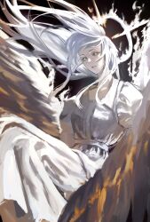  1girl absurdres burning dress feathered_wings fire grey_eyes halo highres jiejiepen knees_up long_hair looking_at_viewer nephis_(shadow_slave) parted_lips shadow_slave sidelocks solo very_long_hair white_dress white_wings wide-eyed wings 