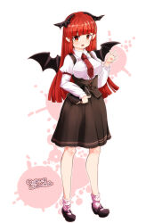 1girl 2018 bat_wings black_skirt breasts commentary_request dated furim head_wings highres koakuma large_breasts long_hair looking_at_viewer necktie open_mouth red_eyes red_hair red_necktie skirt solo standing touhou very_long_hair waving wings 