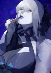  1girl absurdres black_bow black_tiara blue_eyes blue_lips blue_nails bow braid commentary_request fate/grand_order fate_(series) gumi_(the_eye_of_darkness) hair_between_eyes hair_bow half_up_braid highres lipstick long_hair long_sleeves makeup morgan_le_fay_(fate) morgan_le_fay_(third_ascension)_(fate) ponytail simple_background solo spikes tiara very_long_hair white_hair 