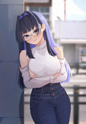  1girl black_hair blue_eyes blue_hair blurry blurry_background breasts colored_inner_hair crossed_arms day denim english_commentary glasses hair_intakes high-waist_pants highres hololive hololive_english iennie jeans large_breasts long_hair looking_at_viewer multicolored_hair ouro_kronii ouro_kronii_(casual) outdoors pants solo sweater sweater_tucked_in virtual_youtuber white_sweater 