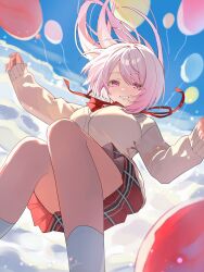  1girl absurdres balloon blue_sky blush bow bowtie breasts cardigan clouds cloudy_sky commentary_request day grin hair_ribbon highres huge_breasts long_hair long_sleeves looking_at_viewer midair nijisanji pink_eyes pink_hair plaid_clothes plaid_skirt pleated_skirt red_bow red_bowtie red_ribbon red_skirt ribbon shiina_yuika shiina_yuika_(1st_costume) shirt skirt sky sleeves_past_wrists smile socks solo swept_bangs thighs tillots virtual_youtuber white_shirt white_socks yellow_cardigan 