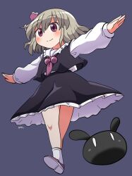  1girl alternate_eye_color alternate_hair_color animal ascot black_skirt black_vest blush closed_mouth collared_shirt commentary_request frilled_skirt frills full_body grey_hair hair_between_eyes hair_ribbon long_sleeves outstretched_arms purple_background rabbit red_ascot red_ribbon red_shoes ribbon rokugou_daisuke rumia shirt shoes short_hair simple_background skirt skirt_set smile socks solo spread_arms standing touhou vest violet_eyes white_shirt white_socks 