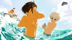  4boys 7enn blue_shorts brown_hair child commentary_request glasses gon_freecss green_shorts grey_eyes holding holding_water_gun hover_vehicle hunter_x_hunter inflatable_toy killua_zoldyck kurapika leorio_paladiknight looking_at_another male_focus multiple_boys navel one_eye_closed orange_shirt partially_submerged shirt shorts spiky_hair summer water water_gun white_hair 