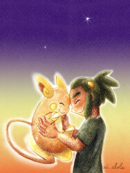  1boy alolan_raichu artist_name closed_eyes closed_mouth commentary_request dark-skinned_male dark_skin forehead-to-forehead from_side green_hair hau_(pokemon) heads_together holding holding_pokemon kai_alola lowres male_focus outline pokemon pokemon_(creature) pokemon_sun_and_moon short_hair signature smile star_(sky) traditional_media upper_body white_outline 