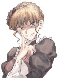  1girl angry beatrice_(umineko) black_dress blonde_hair braid breasts commentary_request constricted_pupils dress flower grey_eyes hair_flower hair_ornament highres hswoimuxk0pwr0h_(bbdan) large_breasts looking_at_viewer puffy_sleeves red_flower red_rose rose sidelocks simple_background smile solo teeth umineko_no_naku_koro_ni upper_body v-shaped_eyebrows white_background 
