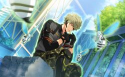  1boy aircraft belt black_gloves blue_sky boots bug building camouflage camouflage_pants cigarette clouds collared_shirt day game_cg gloves green_eyes green_hair grey_shirt happy_elements headset helicopter helios_rising_heroes highres holding keith_max long_sleeves male_focus non-web_source official_art one_eye_covered outdoors pants shirt short_sleeves sitting sky solo tree 