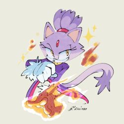  1girl animal_ears artist_name blaze_the_cat cat_ears cat_girl cat_tail commentary english_commentary eyelashes fire forehead_jewel gloves highres jacket long_sleeves looking_to_the_side maxart1537 pants purple_fur purple_hair purple_jacket pyrokinesis solo sonic_(series) tail twitter_username white_gloves white_pants yellow_eyes 