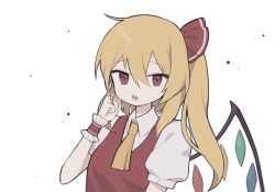  1girl :o blonde_hair collared_shirt commentary_request cowlick crystal_wings double-parted_bangs flandre_scarlet frilled_wrist_cuffs frills hair_between_eyes hair_ribbon hand_up long_hair looking_at_viewer multicolored_wings necktie open_mouth red_eyes red_ribbon red_vest ribbon shirt short_sleeves side_ponytail simple_background solo soooooook2 teeth touhou upper_body upper_teeth_only vest white_background white_shirt wings wrist_cuffs yellow_necktie 