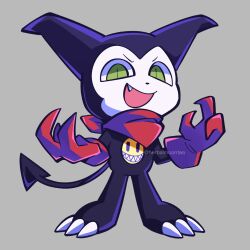  artist_name bandana bandana_around_neck claws demon_tail digimon digimon_(creature) fang gloves green_eyes grey_background herbalmoontea highres impmon looking_at_viewer open_mouth original red_bandana red_gloves simple_background solo standing tail 