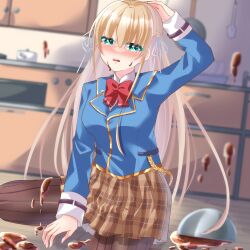  absurdres blonde_hair blush bow bowl bowtie braid chocolate chocolate_making chocolate_on_body commentary_request dmc_tales2006 food_on_body green_eyes hair_ribbon hand_on_own_head heaven_burns_red highres kitchen long_hair red_bow red_bowtie ribbon school_uniform side_braid toujou_tsukasa white_ribbon 