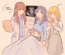  3girls :3 amoris_(bang_dream!) bang_dream! bang_dream!_it's_mygo!!!!! black_hair blue_shirt blush brown_eyes brown_hair character_doll commentary confused doctor doll english_commentary english_text grey_hair hands_up highres long_hair math_lady_(meme) meme mole mole_above_mouth mole_under_eye mole_under_mouth multiple_girls navel nervous_sweating open_mouth owiphony pink_hair pregnant real_life sasaki_rico_(voice_actor) science_babies shirt sweat ultrasound voice_actor voice_actor_connection yonezawa_akane yuri yuutenji_nyamu 