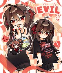  1girl :< absurdres ahoge black_shirt black_skirt broken_heart broken_heart_hair_ornament brown_hair character_name charm_(object) closed_mouth cowboy_shot evil_neuro-sama fang hair_between_eyes hair_ornament hair_ribbon heart highres holding long_hair middle_finger multiple_views nail_polish open_mouth owo_uou pleated_skirt red_eyes red_nails red_ribbon ribbon shirt skirt skull_hair_ornament solo two_side_up vedal_ai virtual_youtuber 