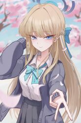  1girl absurdres aqua_halo aqua_ribbon black_halo black_jacket black_skirt blonde_hair blue_archive blue_eyes blue_hair blue_nails blue_streaks cherry_blossoms closed_mouth collared_shirt commentary_request cowboy_shot fingernails gang_ryeol gyaru_v halo hand_up highres jacket long_fingernails long_hair long_sleeves looking_at_viewer multicolored_hair nail_polish neck_ribbon open_clothes open_jacket outdoors petals pink_petals ribbon shirt skirt solo streaked_hair toki_(blue_archive) toki_(school_uniform)_(blue_archive) tree two-tone_hair v white_shirt 
