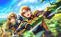  3boys black_gloves bodysuit brown_eyes brown_hair day facial_hair game_cg glasses gloves goatee goggles goggles_on_head happy_elements helios_rising_heroes highres holding holding_weapon jay_kidman male_focus mole multiple_boys non-web_source official_art open_mouth outdoors polearm sky teeth weapon 