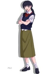  1girl black_hair blue_sweater_vest chainsaw_man crossed_arms green_eyes green_skirt highres long_hair long_skirt mccheese mitaka_asa open_mouth shirt short_sleeves simple_background skirt socks solo sweater_vest white_background white_shirt white_socks 