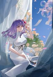  1girl absurdres amiably_02 blue_sky breasts chinese_commentary commentary_request curtains dated day dress fate/stay_night fate_(series) floating_hair flower hair_ribbon highres long_hair looking_at_viewer matou_sakura petals purple_hair red_ribbon ribbon rose sitting sky solo violet_eyes white_dress wind_chime window 