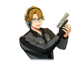  1boy black_gloves black_necktie brown_hair facial_hair game_cg glasses gloves goatee gun handgun happy_elements headphones helios_rising_heroes holding holding_gun holding_weapon jay_kidman male_focus necktie non-web_source official_art open_mouth single_glove smile solo transparent_background upper_body weapon 