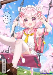  1girl absurdres animal_ears backpack bag cat_ears commentary_request flower hazakura_hinata highres hinata_(hazakura_hinata) maid_headdress original paid_reward_available pink_eyes pink_hair sailor_collar school_uniform serafuku skirt smile solo speech_bubble swing tail thigh-highs translation_request v white_thighhighs 