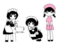  3girls apron blunt_bangs dress frown gosari_draw greyscale hat long_sleeves looking_at_viewer maid maid_apron maid_headdress monochrome multiple_girls nurse nurse_cap original short_hair standing 