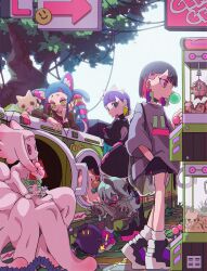  5girls android aqua_eyes black_choker black_shirt black_shoes black_shorts blowing_bubble_gum blue_hair blue_shorts blunt_bangs cat cat_girl cat_tail character_doll chewing_gum choker colored_inner_animal_ears colored_inner_hair colored_skin commentary dear._mr_f_(zutomayo) demon_girl doll earrings franken_(zutomayo) green_eyes grey_shirt grey_skin highres jewelry kung-fu-piggy kuraku_kuroku_(zutomayo) layered_sleeves long_sleeves maid maid_headdress multicolored_hair multiple_girls nanashi_(zutomayo) neko_(hybrid)_(uso_janai)_(zutomayo) neko_(uso_janai)_(zutomayo) nira-chan nira-chan_(kuraku_kuroku)_(zutomayo) nira-chan_(obenkyou_shitoiteyo)_(zutomayo) obenkyou_shitoiteyo outdoors pink_eyes pink_hair pink_shoes pink_streaks sammy_(kung-fu-piggy) saziko shirt shoes short_hair short_over_long_sleeves short_sleeves shorts socks streaked_hair tail tree triangle_earrings two-tone_socks uniguri_(zutomayo) untranslatable_commentary uso_janai_(zutomayo) white_hair white_skin white_socks zutto_mayonaka_de_ii_no_ni 