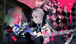  2girls aesc_(fate) aesc_(savior)_(fate) black_bow black_dress black_tiara blonde_hair blue_eyes bow braid closed_eyes commentary_request dress dual_persona fate/grand_order fate_(series) hair_between_eyes hair_bow half_up_braid highres julhxh long_hair morgan_le_fay_(fate) morgan_le_fay_(third_ascension)_(fate) multiple_girls ponytail spikes tiara very_long_hair white_hair 