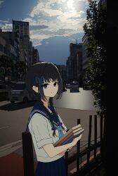  1girl amemori_sayo black_eyes black_hair book braid closed_mouth clouds cloudy_sky commentary highres holding holding_book looking_at_viewer nijisanji nkymyura sailor_collar school_uniform short_hair sidelocks skirt sky smile solo sun turning_head urban 