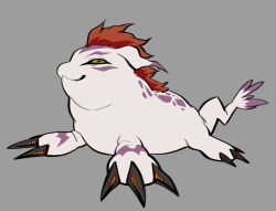  claws commentary digimon digimon_(creature) english_commentary glacier_clear gomamon grey_background no_humans red_hair simple_background solo tail white_fur 