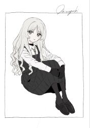  1girl black_dress black_gloves bolo_tie closed_mouth collared_shirt commentary_request dress expressionless gloves gomibako_(gomibako_price) green_eyes grey_hair highres long_hair long_sleeves original pinafore_dress shirt signature simple_background sleeveless sleeveless_dress solo white_background white_shirt yukino_kanna_(gomibako_(gomibako_price)) 