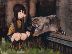  1girl animal_focus arm_on_own_leg bench black_eyes black_hair black_shirt black_socks blue_skirt bob_cut breasts brown_shoes cat closed_mouth denim denim_skirt elbow_on_knee elbow_rest eye_contact full_body grass grey_cat hair_between_eyes head_rest highres light_smile long_sleeves looking_at_animal looking_at_another looking_to_the_side medium_breasts miniskirt nakahara_misaki nhk_ni_youkoso! outdoors pallas's_cat rlsvd shirt shoes short_hair sketch skirt socks solo squatting t-shirt two-tone_shirt yellow_shirt 