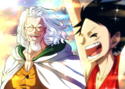  2boys arms_up beard black_hair cape closed_eyes collarbone commentary_request facial_hair facing_another happy long_hair male_focus monkey_d._luffy multiple_boys musasabiop old old_man one_piece open_mouth orange_shirt outdoors red_shirt round_eyewear scar scar_across_eye scar_on_face shirt silvers_rayleigh sparkle sunlight white_cape white_hair 