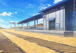  bench blue_archive blue_sky building cliff clouds day desert game_cg ladder no_humans non-web_source official_art outdoors perspective platform railroad_tracks ring_of_light_(blue_archive) sand scenery self-datamine sign sky sunlight train_station 