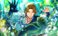  1boy air_bubble braid brown_eyes brown_hair bubble coral facial_hair fins fish game_cg goatee happy_elements helios_rising_heroes highres jay_kidman jewelry long_sleeves looking_at_viewer male_focus necklace non-web_source official_art open_mouth parted_bangs pectoral_cleavage pectorals single_braid smile solo underwater 