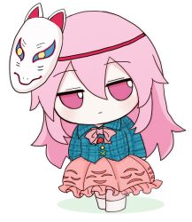  1girl azuma_meri bow bowtie chibi chibi_only closed_mouth collared_shirt commentary_request double-parted_bangs expressionless fox_mask full_body fumo_(doll) green_shirt hair_between_eyes hata_no_kokoro jitome long_hair long_sleeves mask mask_on_head orange_skirt pink_bow pink_bowtie pink_eyes pink_hair plaid_clothes plaid_shirt shirt shoes simple_background skirt solo standing touhou white_background white_shoes 