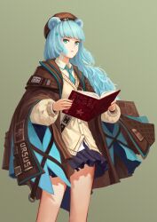  1girl absurdres animal_ears arknights beret black_skirt blue_hair blue_necktie book brown_hat buttons cardigan chinese_commentary chinese_text clothes_writing coat collared_shirt commentary_request communism cowboy_shot green_background hair_ornament hat highres holding holding_book istina_(arknights) long_hair long_sleeves looking_at_viewer miniskirt necktie open_book parted_lips pleated_skirt puffy_long_sleeves puffy_sleeves purple_coat red_star shirt skirt solo standing star_(symbol) star_hair_ornament translation_request white_shirt yellow_cardigan yitai_zhi_meng 