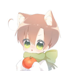  1boy ahoge animal_ear_fluff animal_ears axis_powers_hetalia brown_hair cat_boy cat_ears chibi chibi_only commentary_request decoco food green_eyes grey_scarf hair_between_eyes holding holding_food holding_vegetable kemonomimi_mode long_sleeves looking_at_viewer male_focus scarf shirt short_hair simple_background sleeves_past_fingers sleeves_past_wrists solo southern_italy_(hetalia) tomato tongue tongue_out upper_body vegetable white_background white_shirt 