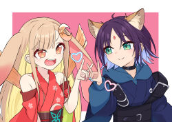  2girls ahoge animal_ears blue_hoodie blue_kimono blue_nails border brown_eyes cho_kaguya-hime! closed_mouth clothing_cutout commentary_request forehead_jewel fox_ears fox_girl fox_shadow_puppet fox_shadow_puppet_kiss green_eyes heart highres hood hood_down hoodie japanese_clothes kaguya_(cho_kaguya-hime!) kimono multiple_girls nail_polish open_mouth outside_border parted_bangs pink_background pink_nails rabbit_ears rabbit_girl red_kimono sakayori_iroha shoulder_cutout simple_background teeth tie-pin_03 upper_body upper_teeth_only white_border 