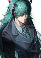  1boy black_coat black_eyes blue_hair blue_necktie buttons closed_mouth coat collared_shirt commentary_request double-breasted eyes_visible_through_hair facial_hair genderswap genderswap_(ftm) goatee_stubble hair_over_one_eye hatsune_miku headset highres long_hair looking_at_viewer male_focus mature_male miku-oji mustache_stubble necktie okuquiq shirt simple_background solo stubble upper_body vocaloid white_shirt 