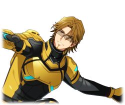  1boy armor brown_eyes brown_hair facial_hair game_cg goatee happy_elements helios_rising_heroes jay_kidman looking_at_viewer male_focus non-web_source official_art smile solo sunglasses transparent_background upper_body 