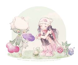  1girl 2others beanie black_hair black_thighhighs blue_flower blue_rose boots budew closed_eyes evolutionary_line flower grass hat hikari_(pokemon) long_hair multiple_others on_ground one_eye_closed pink_boots pink_skirt poke_ball_print pokemon pokemon_(creature) pokemon_diamond/pearl/platinum print_hat red_eyes red_flower red_rose rose roselia_(pokemon) roserade ryokuno_green skirt smile sparkle squatting squeans thigh-highs white_background white_hat 