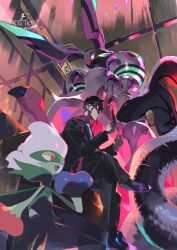  1boy antennae arbok armor black-framed_eyewear black_hair black_jacket black_pants blue_flower blue_rose bug centipede cobra_(animal) collared_shirt colored_sclera colored_skin commentary_request corbeau_(pokemon) e_volution eyewear_strap feathers flower glasses green_skin highres holding holding_feather horns jacket long_sleeves mega_pokemon mega_scolipede mega_stone necktie open_clothes open_jacket open_mouth pants parted_hair parted_lips pokemon pokemon_(creature) pokemon_legends:_z-a purple_hair purple_shirt red_eyes red_flower red_rose rose roserade round_eyewear scolipede sharp_teeth shirt shoes short_hair short_sideburns sideburns sitting smile snake teeth undercut white_necktie yellow_eyes yellow_sclera 