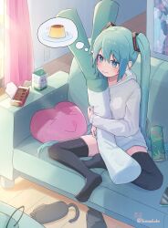  >_< 1girl :> :q :s animal_slippers aqua_eyes aqua_hair aqua_nails artist_self-reference between_breasts black_slippers black_thighhighs blush breasts chips_(food) chocolate closed_mouth commentary_request couch curtains doodle_inset drawstring drink_carton drinking_straw electrical_outlet food hair_between_eyes hair_ornament hair_tie half_lotus_position hatsune_miku heart highres holding holding_food holding_spring_onion holding_stuffed_toy holding_vegetable hood hoodie indoors juice_box light_blush long_hair long_sleeves looking_ahead magical_mirai_(vocaloid) magical_mirai_miku magical_mirai_miku_(2023) motion_lines no_pants no_shoes poster_(object) pudding revision sidelocks signature sitting slippers small_breasts solo spring_onion stuffed_toy thigh-highs tongue tongue_out twintails vegetable very_long_hair vocaloid white_hoodie yasuno-labo zettai_ryouiki 