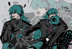  1boy atuhi black_boots black_coat black_eyes black_gloves blue_gloves blue_hair blue_necktie boots buttons coat collared_shirt commentary_request double-breasted facial_hair genderswap genderswap_(ftm) gloves goatee_stubble grey_background grey_shirt hand_on_own_neck hatsune_miku headset holding holding_megaphone long_hair male_focus mature_male megaphone miku-oji multicolored_gloves multiple_views mustache_stubble necktie open_mouth shirt simple_background solo_focus stubble sweatdrop translation_request two-tone_gloves vocaloid 