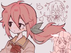  +_+ 1girl alternate_costume aubrey_(faraway)_(omori) aubrey_(omori) black_eyes blush bow bowtie bright_pupils cherim1ichu closed_eyes double-parted_bangs forest_bunny_(omori) grey_background hair_between_eyes hair_bow hair_ornament hair_ribbon hairclip long_hair low_ponytail omori pink_hair ponytail red_bow red_bowtie ribbon sailor_collar sidelocks simple_background smile solo sprout_mole tongue tongue_out white_pupils 