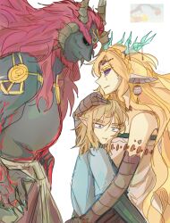  1girl 2boys :t absurdres claws colored_sclera colored_skin dark-skinned_male dark_skin demon_dragon_(zelda) dragon_girl dragon_horns eye_contact ganondorf glaring grey_skin highres horns light_dragon_(zelda) link long_hair looking_at_another mori_(vvmorivv) multiple_boys pointy_ears princess_zelda purple_sclera smirk tall_female tall_male the_legend_of_zelda the_legend_of_zelda:_tears_of_the_kingdom very_long_ears very_long_hair 