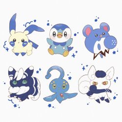  blue_eyes blush commentary green_eyes happy highres jira_077 manaphy marill meowstic meowstic_(female) meowstic_(male) minun no_humans open_mouth orange_eyes piplup pokemon pokemon_(creature) pokemon_focus simple_background sitting smile sparkle star_(symbol) untranslatable_commentary white_background 
